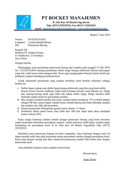 contoh balasan surat penawaran  Pimpinan PT Maju Pantang Mundur